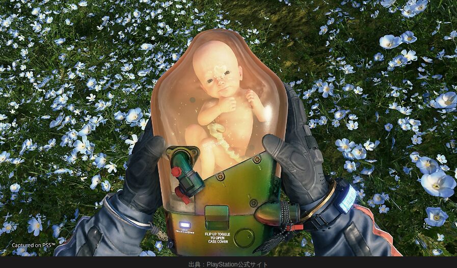 DEATH STRANDING BBポッドを持つサム