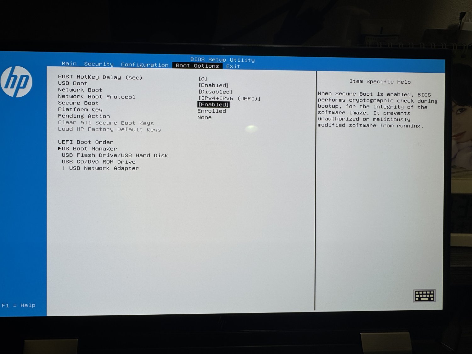 HP SpectreのBIOS設定 Boot Options画面