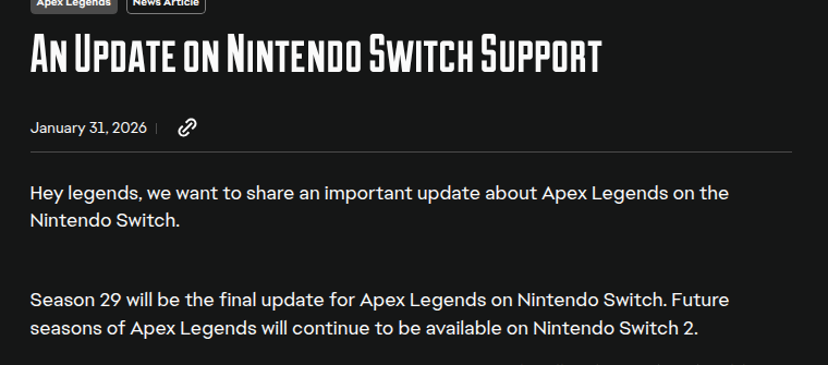 EA公式のNintendo Switch対応状況アップデートページ