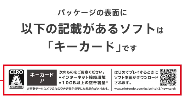 任天堂のキーカード解説ページ。パッケージの表面にあるキーカードの表記。インターネット接続環境と空き容量が必要で、はじめてプレイするときにソフト本編がダウンロードされると書かれている