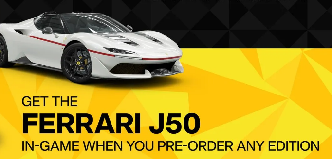 白いボディに赤いラインのFerrari J50と、GET THE FERRARI J50 IN-GAME WHEN YOU PRE-ORDER ANY EDITIONの文字