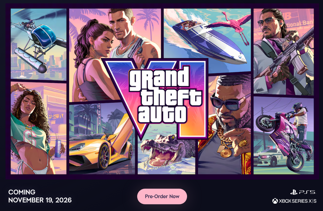 Rockstar Games公式サイトのGTA6のページ。発売日「NOVEMBER 19, 2026」と、PS5とXbox Series X|Sのロゴだけが表示されている